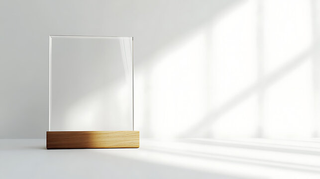 Minimalist display featuring a clear acrylic panel resting on a light wood base, illuminated by soft, natural light against a bright white backdrop.