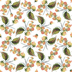 Vector floral seamless pattern from hand painted leaves, yellow flowers on a white background
