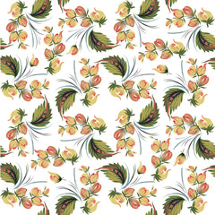 Vector floral seamless pattern from hand painted leaves, yellow flowers on a white background