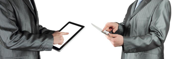 Set of businessmen holding tablet pc, isolated on transparent background