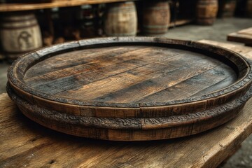 Fototapeta premium Rustic Wooden Round Tray with Intricate Carvings and Texture