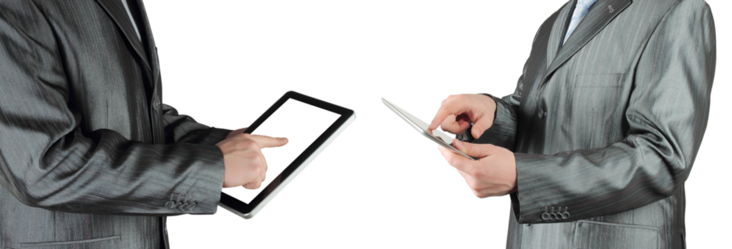 Set of businessmen holding tablet pc, isolated on transparent background