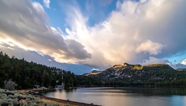 A landscape features a serene lake mirroring an expansive sky filled with dramatic clouds illuminated by the golden light of the setting sun - Powered by Adobe