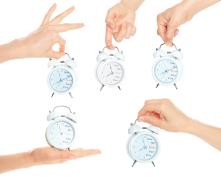 Set of hands holding alarm clock, isolated on transparent background - Powered by Adobe