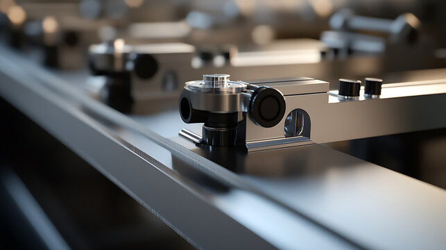 Close-up of mechanical components on a polished metal surface. Precision engineering showcases meticulous design and construction for smooth functionality.