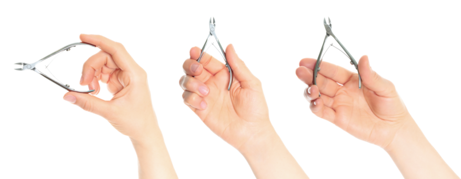 Set of hands holding cuticle nippers, isolated on transparent background