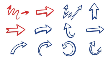 Collection of diverse arrow icons and symbols in red and blue hues, illustrating direction and movement for design and web applications