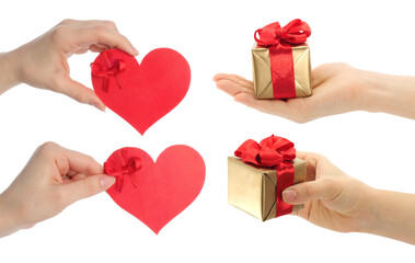 Obraz premium Set of hands holding love heart and gift box, isolated on transparent background