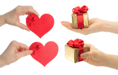 Set of hands holding love heart and gift box, isolated on transparent background