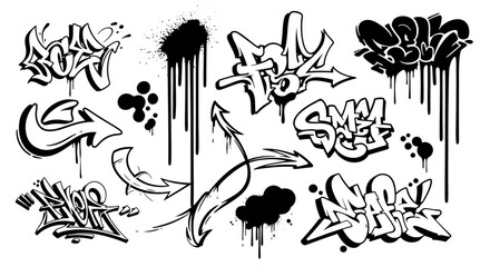 Collection of graffiti elements, including tags, arrows, and spray paint splatter, in a monochrome style