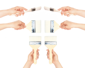 Set of hands holding paint brush for repair and finishing work, isolated on transparent background