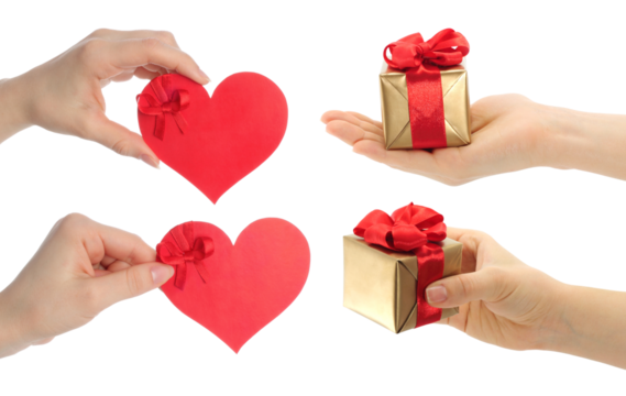 Set of hands holding love heart and gift box, isolated on transparent background