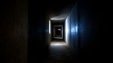 passageway. A long dark tunnel with rough concrete walls and a distant point of light. travel magazines, destination branding, designed for outdoor magazines and nature guides.