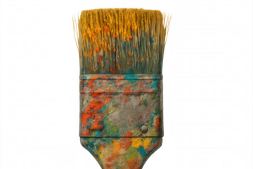 Grungy paintbrush bristles stained with vibrant yellow, orange, and blue paint, showing creative artist tool for mixing colors