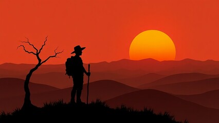 Silhouette of a Hiker Watching the Sunset Over Rolling Hills