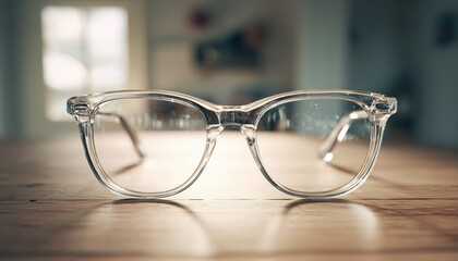 Detailed View Of Eyeglasses Resting On A Table: An Up-Close Look At A Pair Of Spectacles Lying On A Flat Surface.