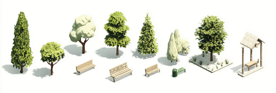 Isometric Park Elements Collection Featuring Trees Benches Gazebo Trash Can for Landscape Design Visualization and Green Urban Planning