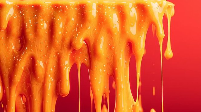 melted cheese dripping background on red surface, realistic food texture for pizza, burger, snack and fast food design	