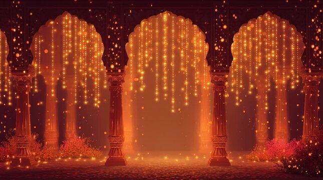 enchanted Indian courtyard with glowing lanterns, tropical plants, and pink flowers, fantasy night garden illustration for cultural celebration, mystical artwork, and decorative design	