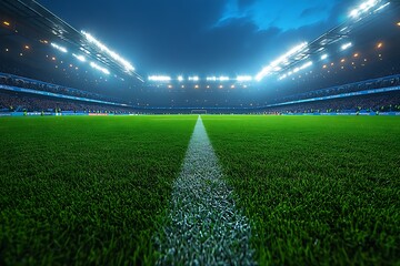 Illuminated Football Stadium Field at Night with Spectators in Stands soccer stadium