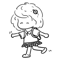 Cute schoolgirl with backpack skipping happily cartoon outline illustration