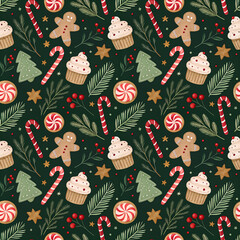 Seamless Christmas Pattern with Gingerbread Cookies, Candy Canes, Cupcakes and Fir Branches on Dark Green Background
