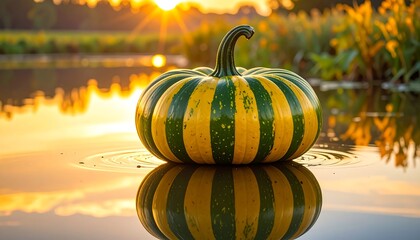 A vibrant striped gourd floats serenely on reflective water at golden hour