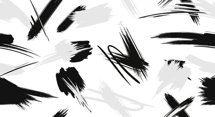 A seamless vector illustration of abstract brush stroke patterns in black and white, white background