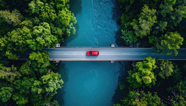 Aerial view of a red car driving across a bridge over a blue river surrounded by lush green trees.