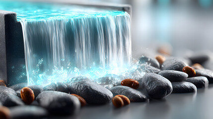 Cascading waterfall glowing water smooth stone pebble splash stream spa zen serenity calming flow tranquil scene nature blue light long exposure