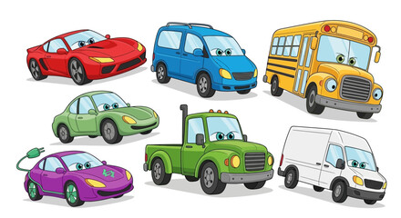 Naklejka premium A collection of colorful, cartoon-style vector illustrations of various cars and vehicles, white background