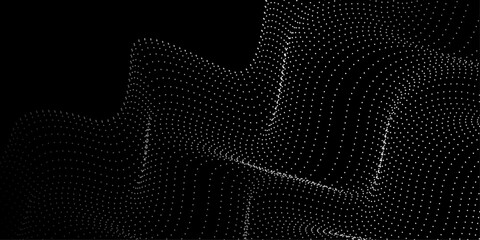 Abstract Contour Wave White 3D Waves on Black Background.Vector illustration. 3D flowing dot particles abstract wave line art for AI technology, music, science. Black abstract background and White dot
