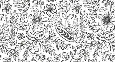 A seamless vector illustration of monochrome floral and leaf pattern with brush stroke texture, white background