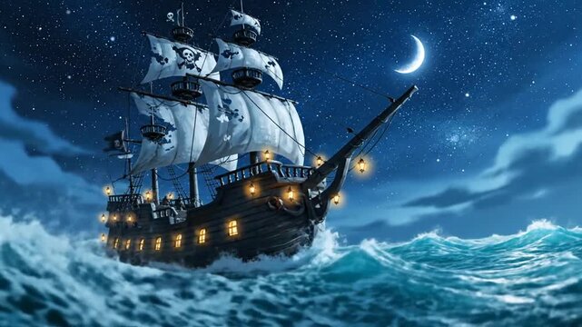 Pirate Ship Sailing on a Starry Night Sea with Crescent Moon - Adventure Awaits!