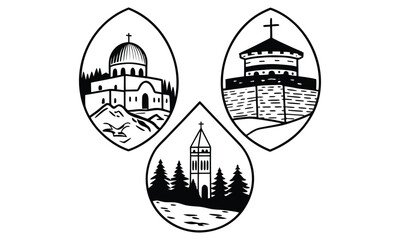 Line Art Collection of Churches, Crosses, and Mountain Landscapes