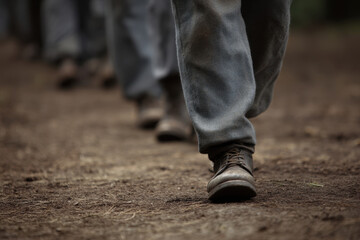 Historic military drumline marching boots, dusty path, camp atmosphere, solemn mood