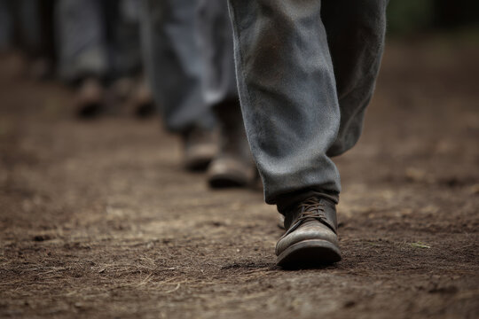 Historic military drumline marching boots, dusty path, camp atmosphere, solemn mood