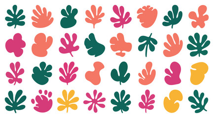 Vibrant collection of abstract tropical leaves in various shapes and bold colors