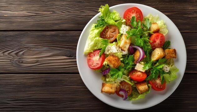 Delicious Traditional Arabic Fattoush Salad Presented On A Plate, Ready To Enjoy. Captured In A Horizontal Top View Angle.