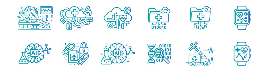 Medical Technology & Digital Healthcare Bold Line Icon Set  Modern Medical Tech Vector Illustrations  AI, Telemedicine, Innovation & Health Data Icons 