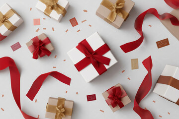 Minimalist flat lay of gift boxes with Boxing Day sale tags surrounded by red and gold ribbons