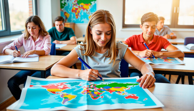 Young students studying geography with maps and taking notes in classroom  