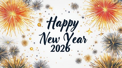 Festive happy new year 2026 celebration with golden fireworks isolated on white background creating a joyful atmosphere