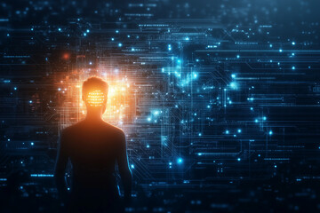 Human communicating with AI glowing softly in futuristic digital world symbolizing emotional intelligence and connection 