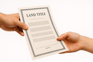 Hands Transferring a Land Title Certificate: Real Estate Ownership Exchange Concept