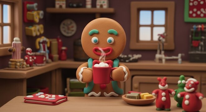 Gingerbread man holding a mug of hot chocolate with marshmallows
