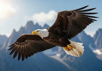 Fototapeta premium Majestic bald eagle soars gracefully above rugged mountain peaks under a bright sky