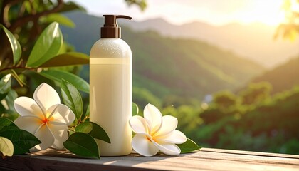 Organic Lotion Bottle and Frangipani Flowers on a Sunny Mountain View