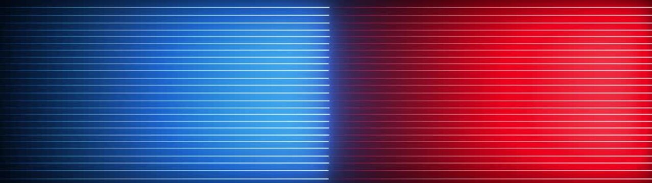 Split background with red on the left and blue on the right, both featuring horizontal white glowing lines and vertical light gradients