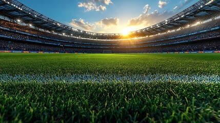 Soccer stadium with green grass field and bright sun setting football stadium sports arena